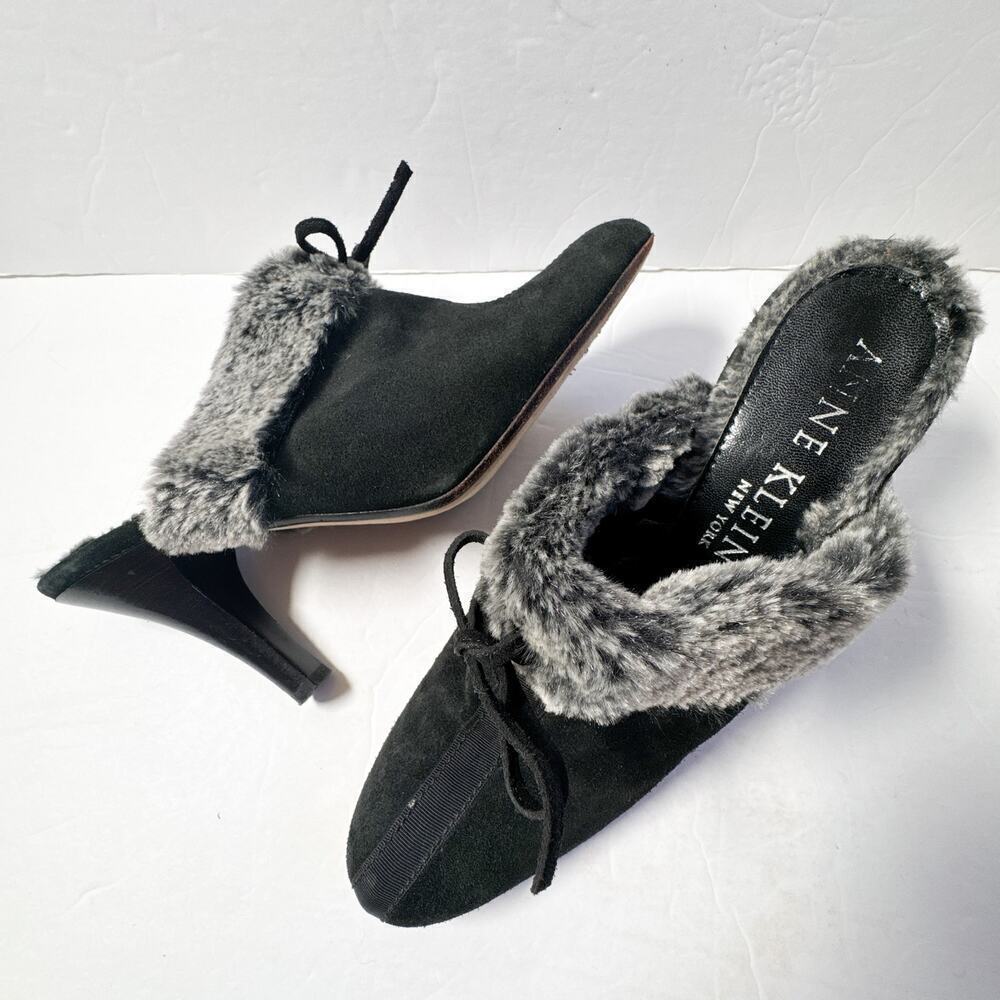 Vintage Anne Klein New York Black Suede Faux Fur Mule Heels Italy 90s Y2K 9.5